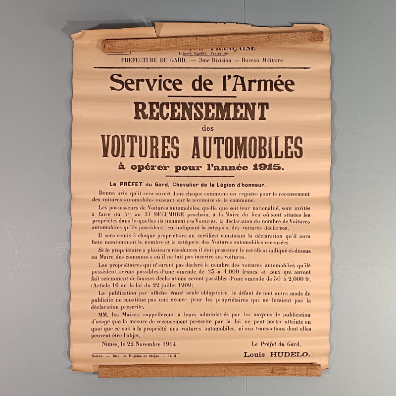 AFFICHE DU RECENSEMENT DES AUTOMOBILES POUR L'ANNEE 1915 POUR LE GARD NIMES LE 22-11-1914 FORMAT 55 X 40 cm