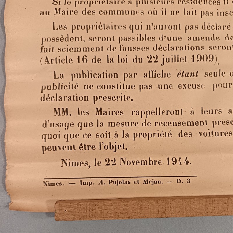 AFFICHE DU RECENSEMENT DES AUTOMOBILES POUR L'ANNEE 1915 POUR LE GARD NIMES LE 22-11-1914 FORMAT 55 X 40 cm