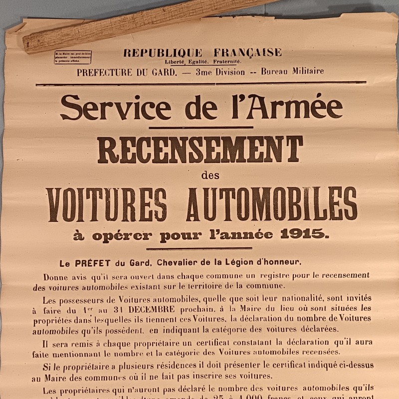 AFFICHE DU RECENSEMENT DES AUTOMOBILES POUR L'ANNEE 1915 POUR LE GARD NIMES LE 22-11-1914 FORMAT 55 X 40 cm