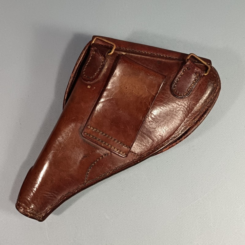ETUI D'OFFICIER EN CUIR MARRON POUR REVOLVER D'ORDONNANCE ST ETIENNE MODELE 1892 ETUI " JAMBON "