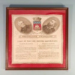 CADRE AVEC UN MOUCHOIR SOUVENIR DES ELECTIONS DE 1877 UNIONS DE TOUS LES GROUPES REPUBLICAINS (GAUCHE A L'EPOQUE)