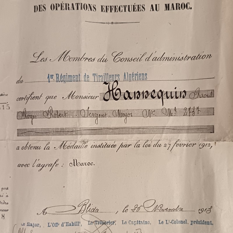ENSEMBLE DE 5 DIPLOMES COLONIALE MAROC OUISSAM D'UN SOUS OFFICIER AU 1 er ET 8 ème RTA 157 èmeS RI ANNEES 1910-1922