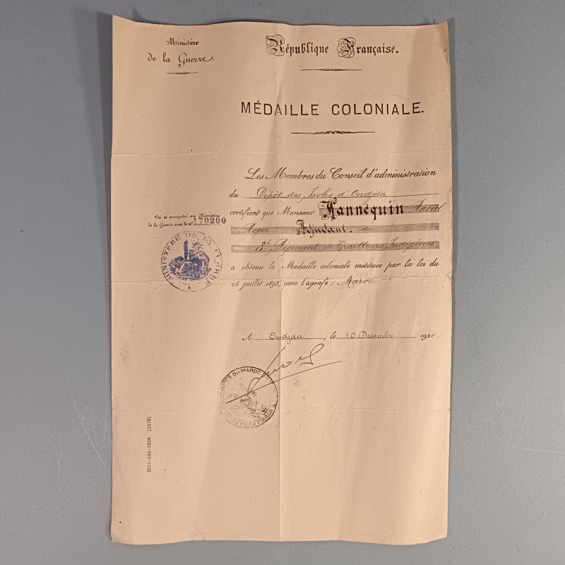 ENSEMBLE DE 5 DIPLOMES COLONIALE MAROC OUISSAM D'UN SOUS OFFICIER AU 1 er ET 8 ème RTA 157 èmeS RI ANNEES 1910-1922