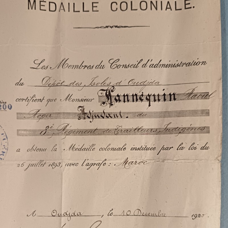 ENSEMBLE DE 5 DIPLOMES COLONIALE MAROC OUISSAM D'UN SOUS OFFICIER AU 1 er ET 8 ème RTA 157 èmeS RI ANNEES 1910-1922