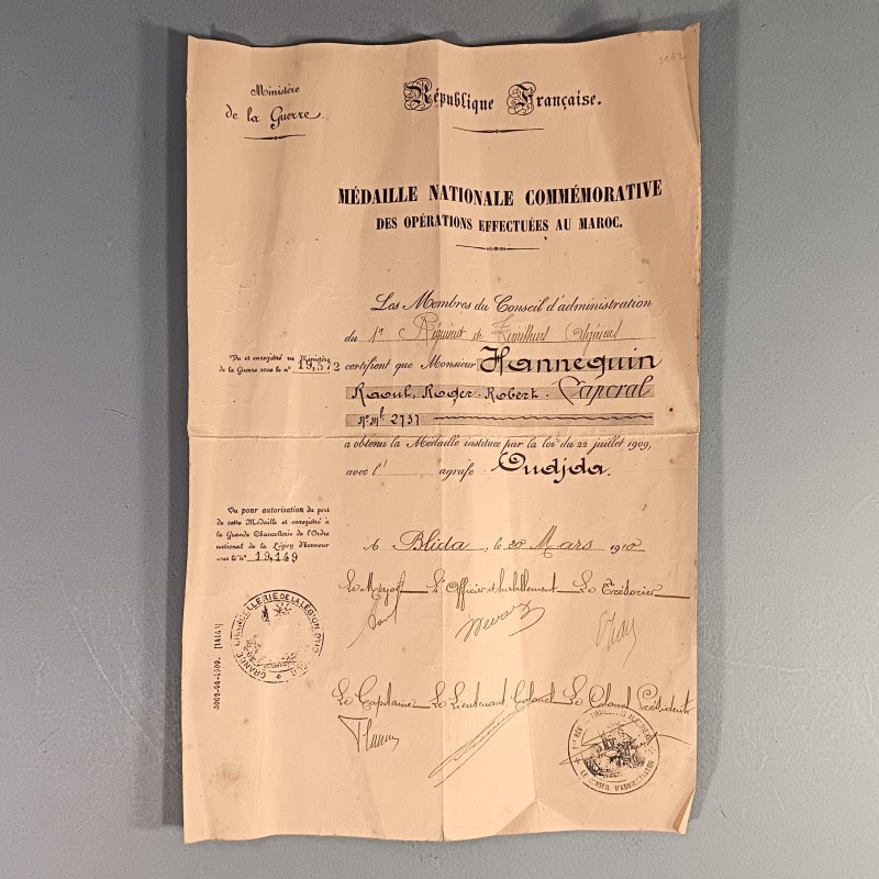 ENSEMBLE DE 5 DIPLOMES COLONIALE MAROC OUISSAM D'UN SOUS OFFICIER AU 1 er ET 8 ème RTA 157 èmeS RI ANNEES 1910-1922