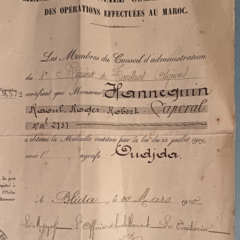 ENSEMBLE DE 5 DIPLOMES COLONIALE MAROC OUISSAM D'UN SOUS OFFICIER AU 1 er ET 8 ème RTA 157 èmeS RI ANNEES 1910-1922
