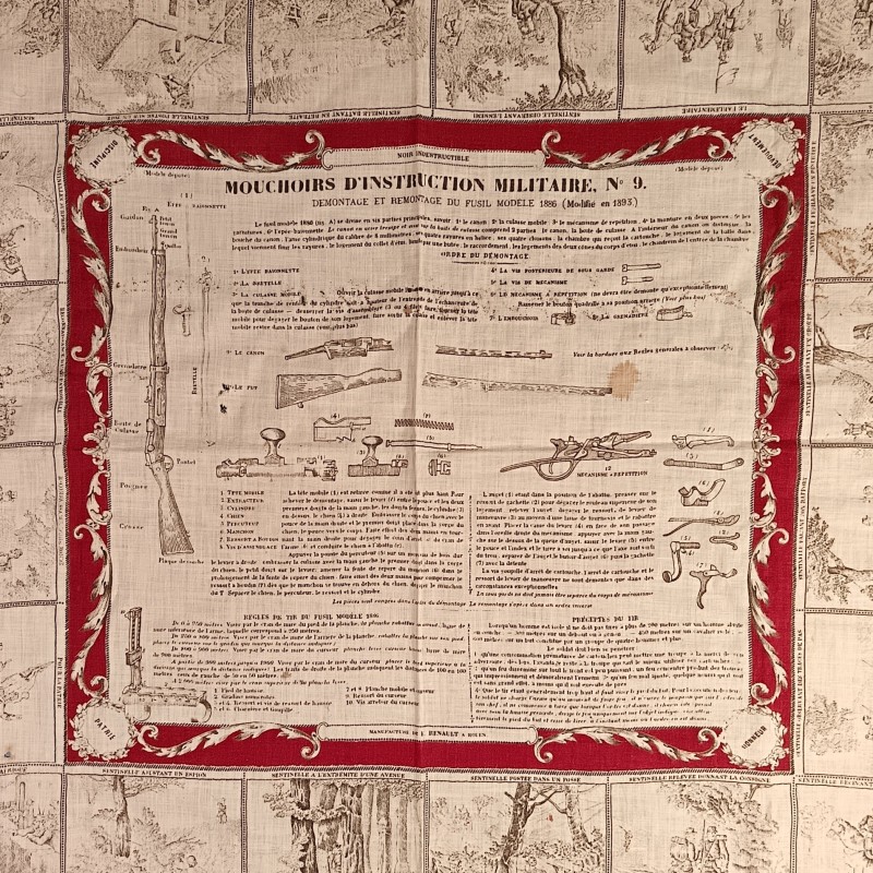 MOUCHOIR D'INSTRUCTION MILITAIRE N° 9 DEMONTAGE ET REMONTAGE DU FUSIL MODELE 1886 MODIFIE 1893 REGIMENTE DU 158 ème DE LIGNE