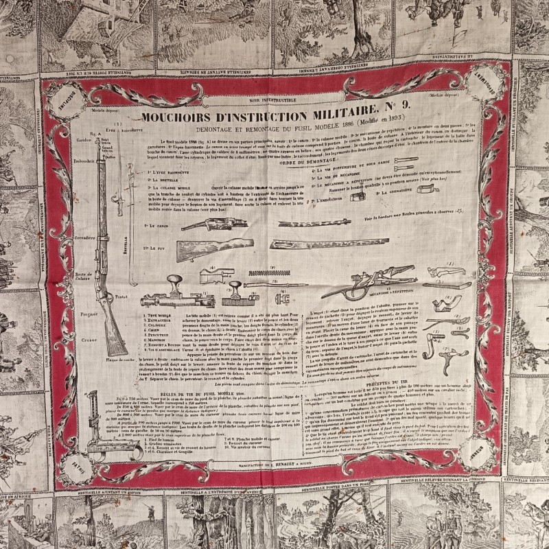 MOUCHOIR D'INSTRUCTION MILITAIRE N° 9 DEMONTAGE ET REMONTAGE DU FUSIL MODELE 1886 MODIFIE 1893 MATRICULES FUSIL LEBEL