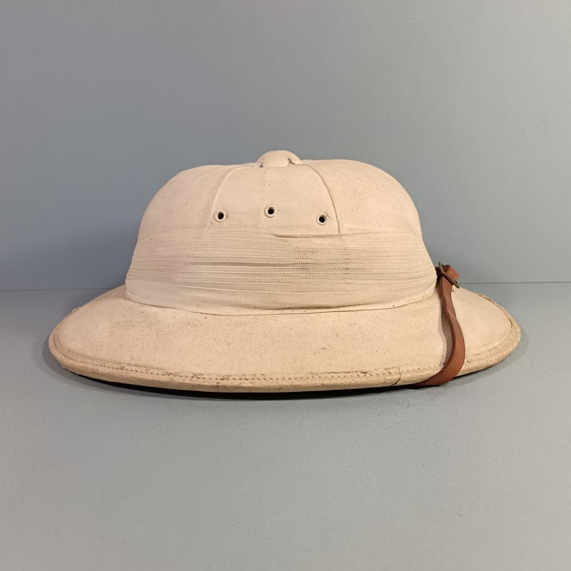 CASQUE COLONIAL FABRICATION CIVIL DES ANNEES 1940 - 1950 EN LIEGE ET TOILE BLANCHIE