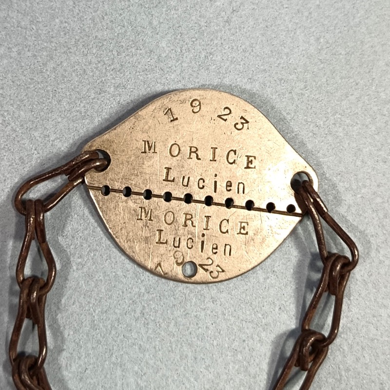 PLAQUE D'IDENTITE MILITAIRE TROUPE MODELE 1918 MORICE LUCIEN CLASSE 1923 MATRICULE 3980 SEINE 6 ème BUREAU GUERRE 1939-1945