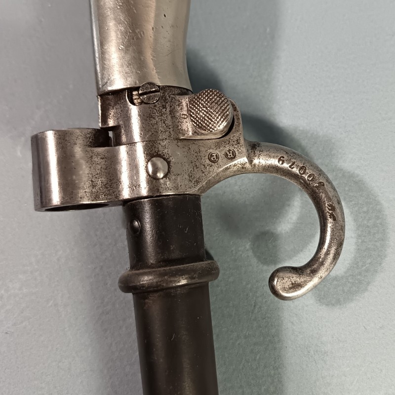 BAIONNETTE LEBEL MODELE 1886 PREMIER TYPE AVEC QUILLON POIGNEE MAILLECHORT "LA ROSALIE" GUERRE 1914 1918 AVEC SON CUIR