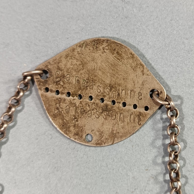 PLAQUE D'IDENTITE MILITAIRE TROUPE MODELE 1918 AMEN HENRI CLASSE 1927 MATRICULE 1127 A CARCASSONNE