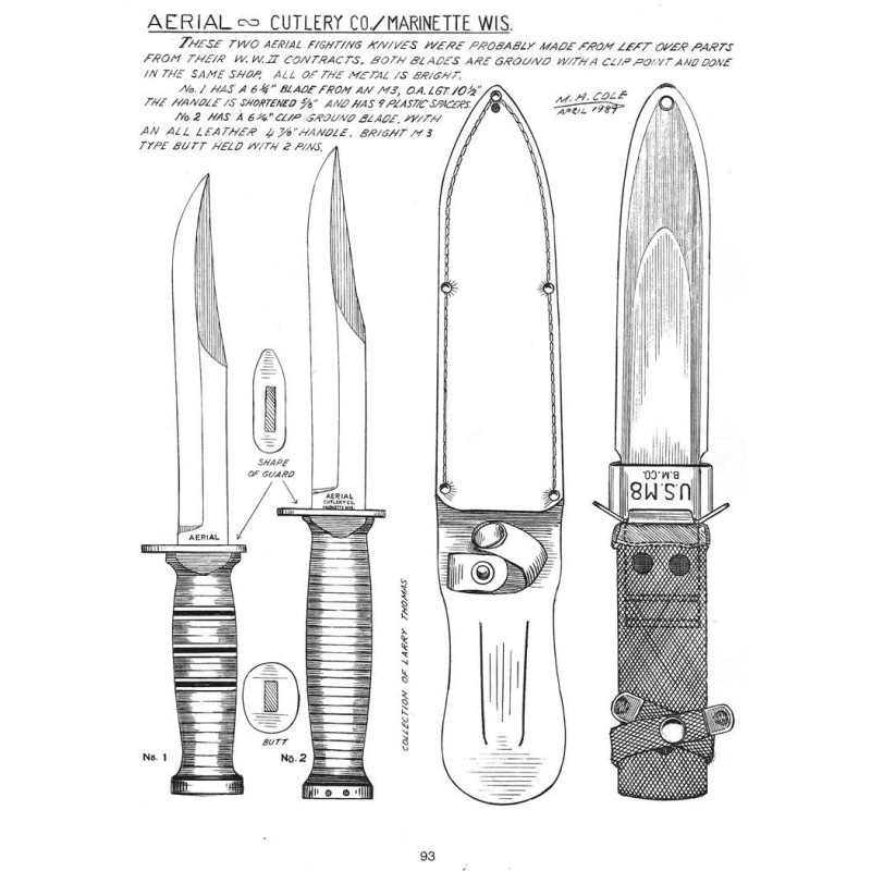 COUTEAU DE COMBAT DE TYPE USM3 OU MEME PERIODE MARQUAGE LAME AERIAL FOURREAU CUIR TRENCH KNIFE US WW2