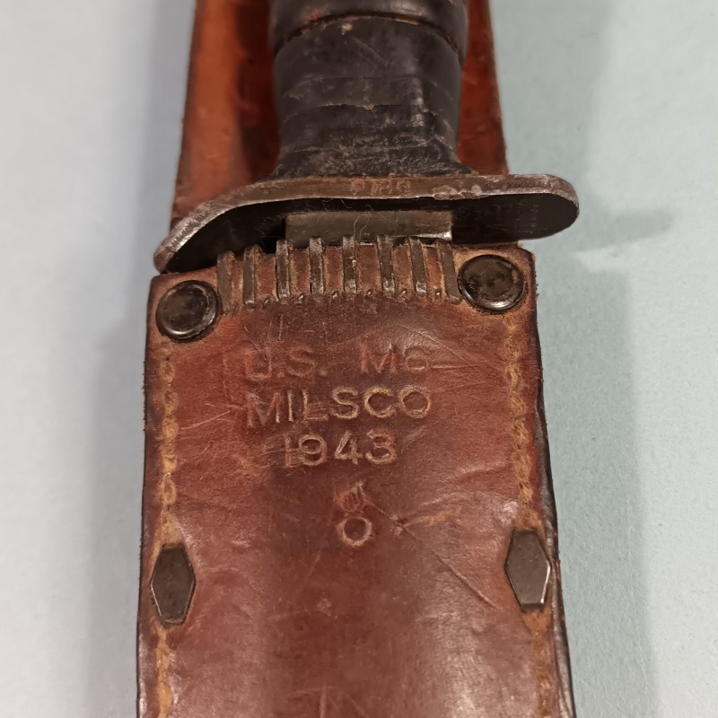 RARE !! COUTEAU DE COMBAT USM3 UTICA MARQUAGE GARDE ET MATRICULE AVEC FOURREAU CUIR USM6 MILSCO 1943