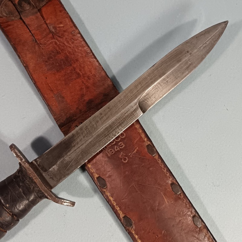 RARE !! COUTEAU DE COMBAT USM3 UTICA MARQUAGE GARDE ET MATRICULE AVEC FOURREAU CUIR USM6 MILSCO 1943