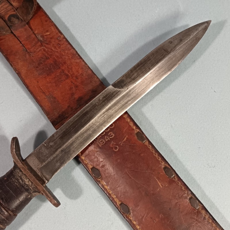 RARE !! COUTEAU DE COMBAT USM3 UTICA MARQUAGE GARDE ET MATRICULE AVEC FOURREAU CUIR USM6 MILSCO 1943