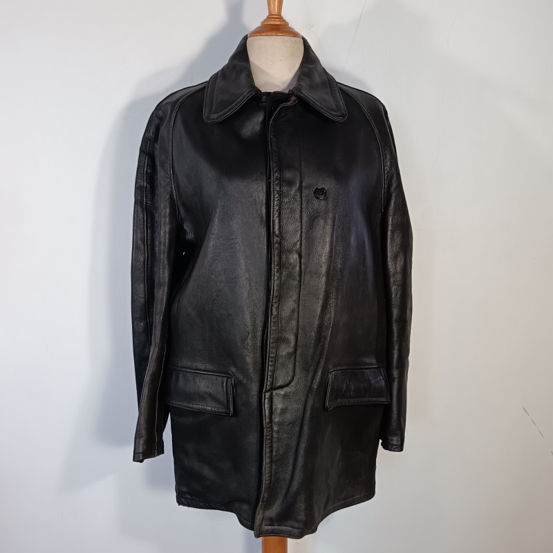VESTE MILITAIRE EN CUIR NOIR DE GENDARME OU SAPEURS POMPIERS ANNEES 1950 1960