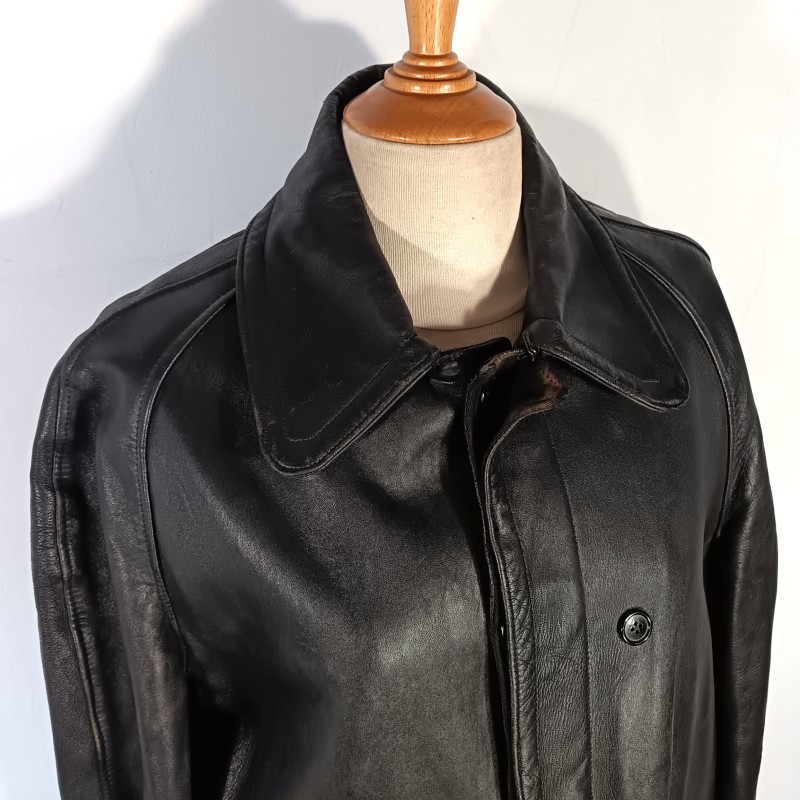 VESTE MILITAIRE EN CUIR NOIR DE GENDARME OU SAPEURS POMPIERS ANNEES 1950 1960