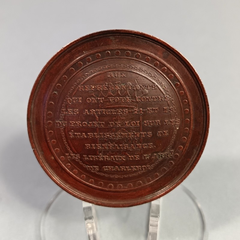 BELGIQUE MEDAILLE DE TABLE SEANCE DU 27 MAI 1857 VOTE CONTRE LE PROJET DE LOI SUR LES ETABLISSEMENTS DE BIENFAISANCE