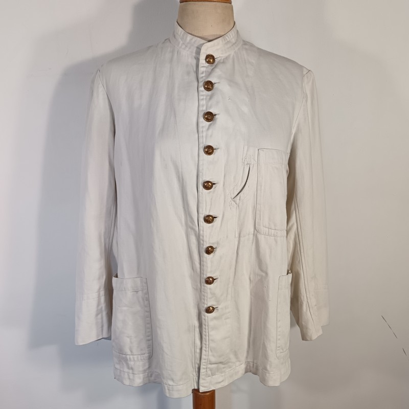 TENUE BLANCHE VESTE ET PANTALON EN COTON FIN MODELE ANCIEN UNIFORME DE TRAVAIL BOUTONS SAPEURS POMPIERS
