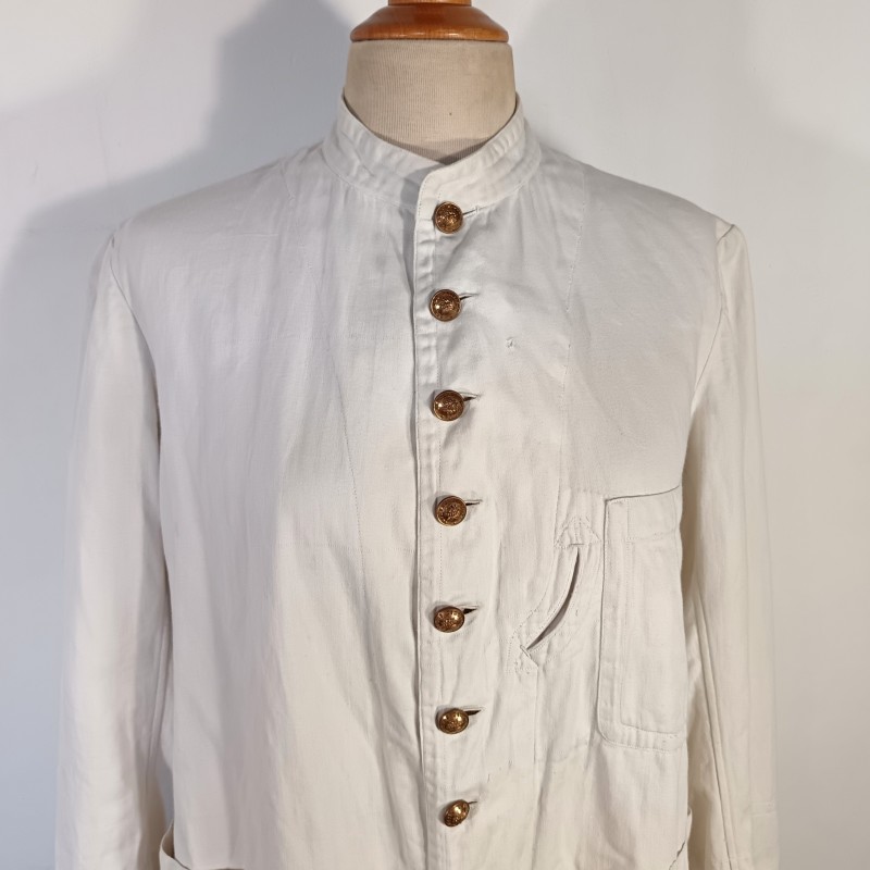 TENUE BLANCHE VESTE ET PANTALON EN COTON FIN MODELE ANCIEN UNIFORME DE TRAVAIL BOUTONS SAPEURS POMPIERS