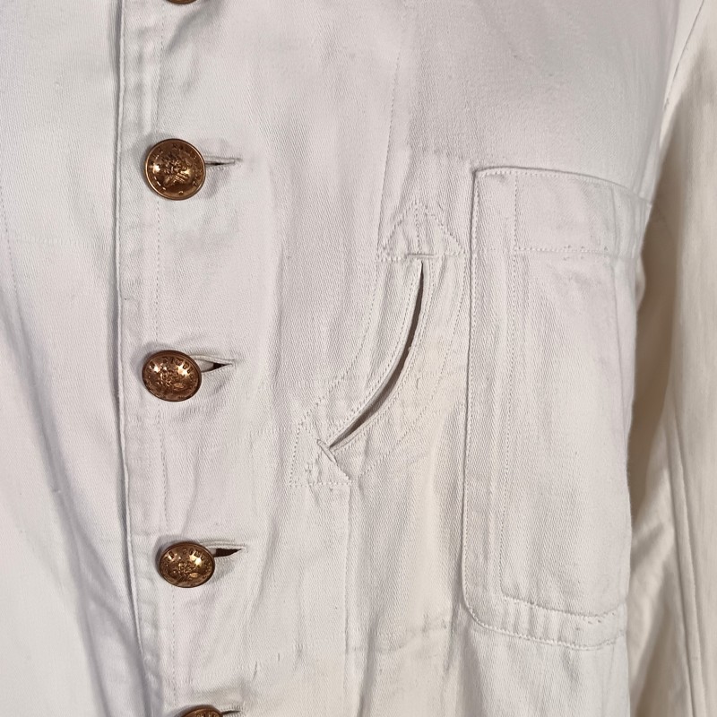 TENUE BLANCHE VESTE ET PANTALON EN COTON FIN MODELE ANCIEN UNIFORME DE TRAVAIL BOUTONS SAPEURS POMPIERS