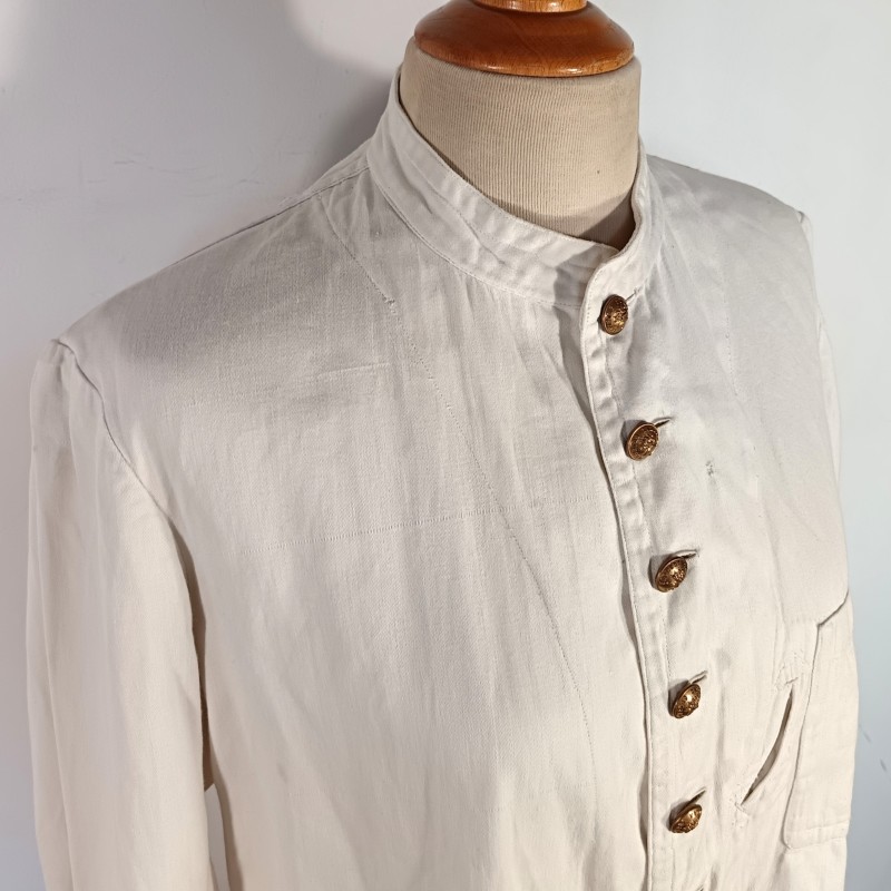 TENUE BLANCHE VESTE ET PANTALON EN COTON FIN MODELE ANCIEN UNIFORME DE TRAVAIL BOUTONS SAPEURS POMPIERS