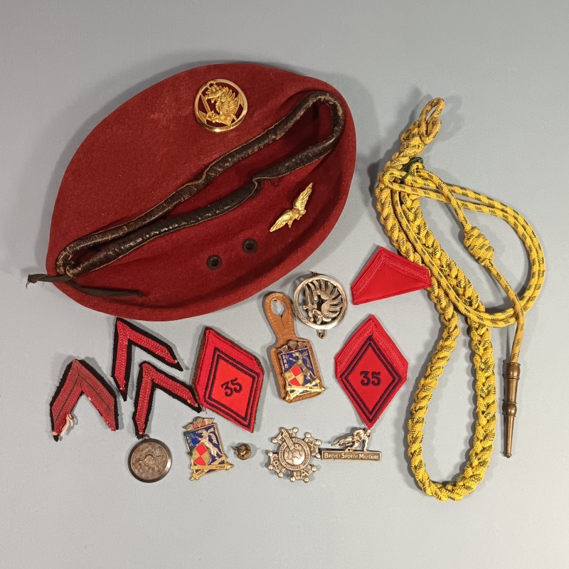 ENSEMBLE BERET INSIGNES FOURRAGERE D'UN PARA DU 35 ème RAP REGIMENT D'ARTILLERIE PARACHUTISTE