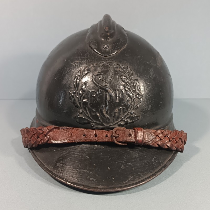 CASQUE ADRIAN MODELE 1915 OFFICIER MEDECIN COMPLET GUERRE 1914-1918 JUGULAIRE OFFICIER FANTAISIE TAILLE 59