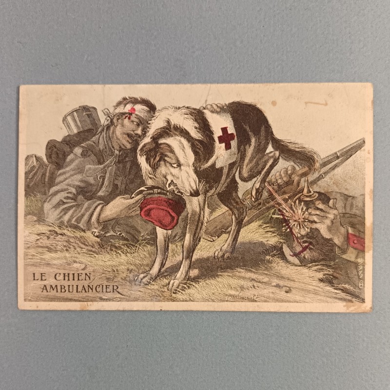 CARTE POSTAL PATRIOTIQUE LE CHIEN AMBULANCIER GUERRE 1915 1918 ECRITE PAR LE SOLDAT PRADIER ET TAMPONNEE 1915